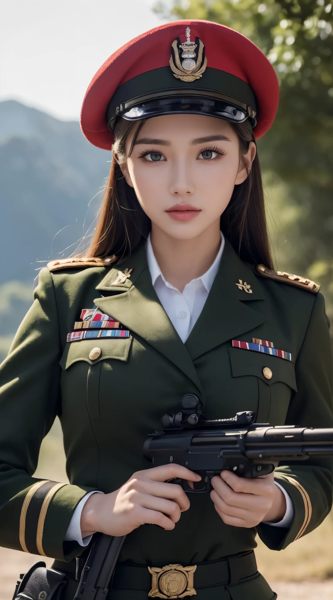 ((Best Quality, 8k, Masterpiece:1.3)), Focus:1.2, Perfect Body Beauty:1.4, ((Delicate Hair)), (Military Uniform:1.1), (Red Beret Army: 1.1), (Firearms: 1.1), (Soldier Uniform: 1.1), Military Coat: 1.1) Highly detailed face and skin texture, Detailed eyes, Double eyelids, whitening skin, Big breasts, smile, in the jungle, super detailed face, super detailed eyes, super detailed, hands, super detailed fingers, super detailed body, super fine body, super fine face, super fine eyes, super fine fingers, super fine hands, super fine foots, Holding firearms, rifle, Soldier, Perfect Soldier, weapon, rifle, special force, military, Super detailed firearms, Super Detailed Military Coat, Army, Super fine firearms, Super detailed Beret, Super detailed firearms, Super realistic firearms, super detailed rifle, super realistic, muscular, female soldier, Commissioned Officer, high ranking officer, general rank, with a view of the self-propelled artillery behind her, Super Detailed red beret, realistic view, perfect lighting, military vehicle, army beret, candid, real pistol, real gun