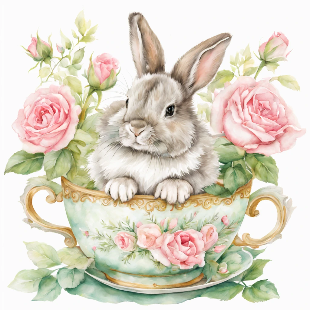 Beautiful cute baby bunny sits in a cup, pink roses, garden, beautiful, baroque, ultra realistic, realistic watercolor+pencil, abstract background, filigree, high octane, green, grey, emerald, gold, white