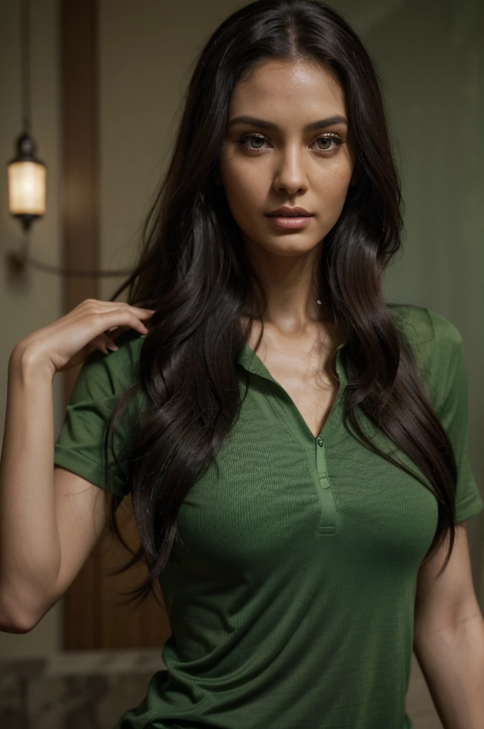 Realistic, UHD, Photoreal of exotic slim, athletic body hijab supermodels with full detailed eyes, green shirt in the bad, long wavy hair, slender body. Exotic Super model in her 20's with full eyes, perfect face, black detailed hair, with detailed face and detailed body, detailed skin, cinematic, Octane rendering, Japanese pin up girls