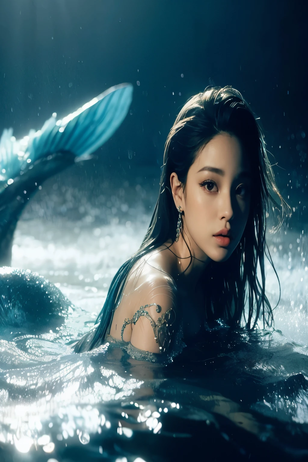 jennie the blackpink. Black haired girl with fish tail, aquatic mermaid.