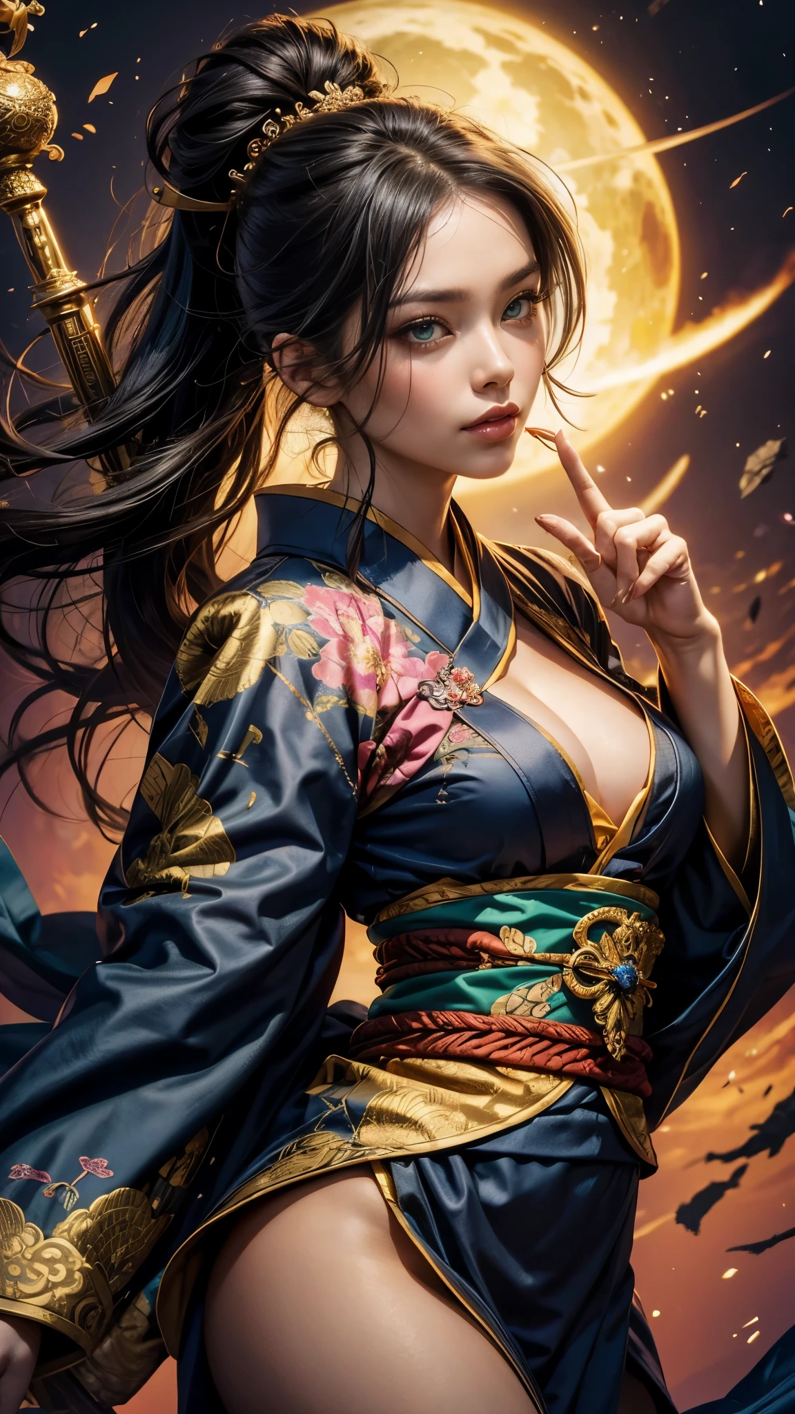 (masterpiece, High quality, absurdity), Detailed eyes and face, Chinese magic costume, ((chinese kimono)), Lace-up sandals, magic, Exorcism of spirits, Chinese monastic attire, the flute, Play the the flute, bright colors, neon lights, A magical forest, day, The sun in the sky, Master of the Devil Cult, Chinese Sword, water drop, very green, 1Woman, black long wavy hair, Messy hair bun, Hair gathered in a ponytail, green eyes, perfect face, perfect body, ((Best quality)), ((masterpiece)),