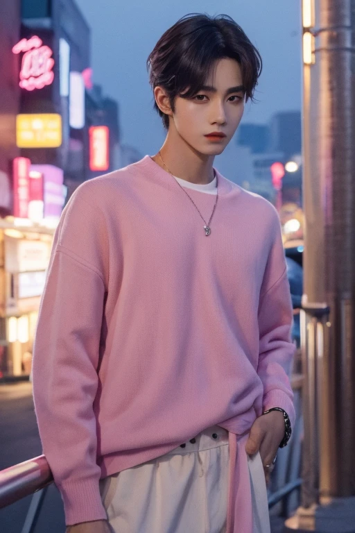 Mejor calidad,obra maestra,high resolution,1 chico,Modelo de moda,enfoque masculino,Solo,city night seoul south korea , 20 years , pelo rosa pastel, kpop dancer