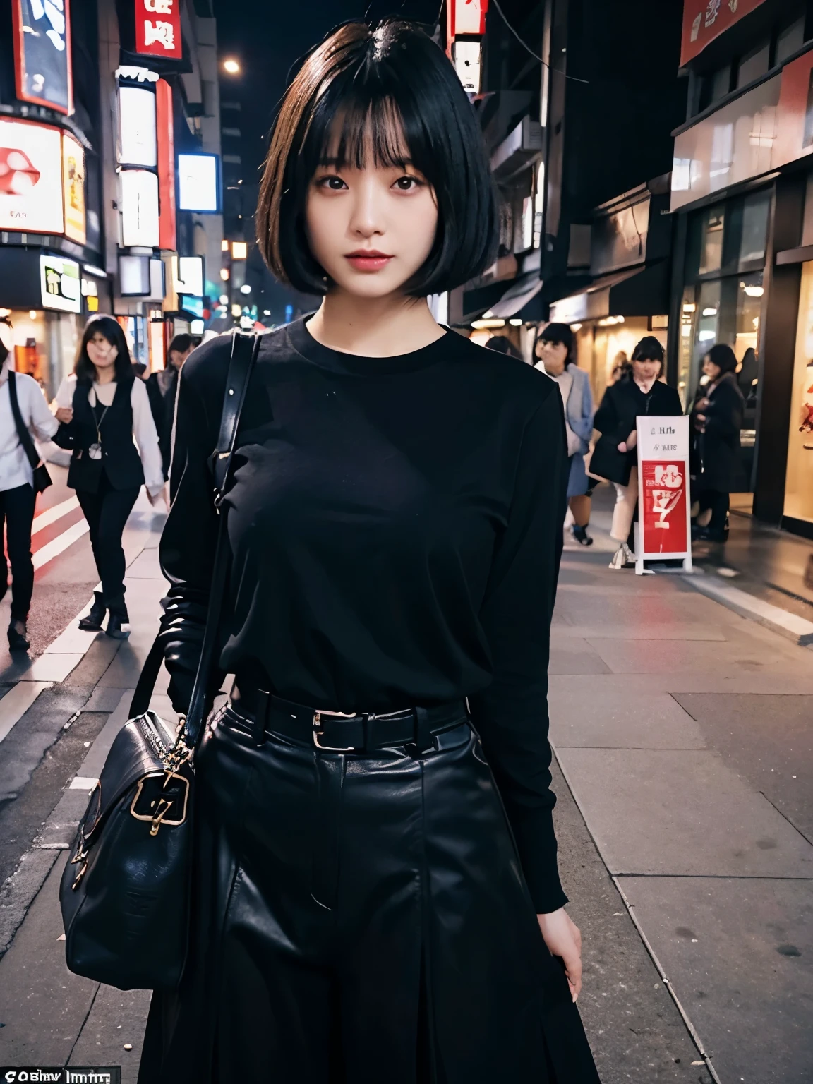 Bewitching eyes, well-balanced eyes, //street snap //wearing red "LOUIS VUITTON" clothes, //breast focus, ((facing viewer)), //at the street in tokyo, //japanese lady, pale skin, bob cut, black hair, dark blue hair, blunt bangs,//((standing)), high quality:1.3, Professional lighting:2.0 realistic:1.2, 4k resolution, detailed skin, masterpiece:1.1