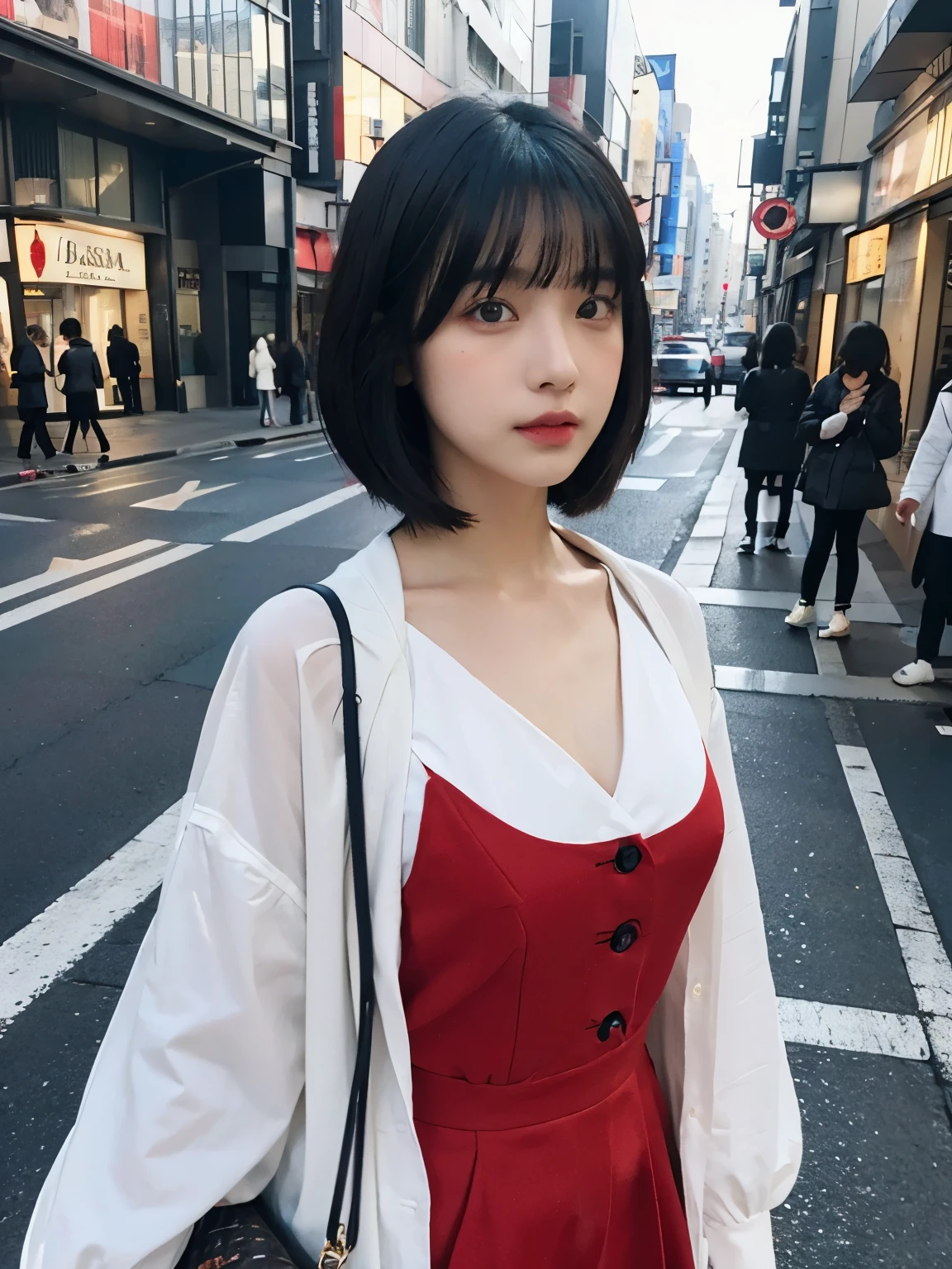 Bewitching eyes, well-balanced eyes, //street snap //wearing red "LOUIS VUITTON" clothes, //breast focus, ((facing viewer)), //at the street in tokyo, //japanese lady, pale skin, bob cut, black hair, dark blue hair, blunt bangs,//((standing)), high quality:1.3, Professional lighting:2.0 realistic:1.2, 4k resolution, detailed skin, masterpiece:1.1