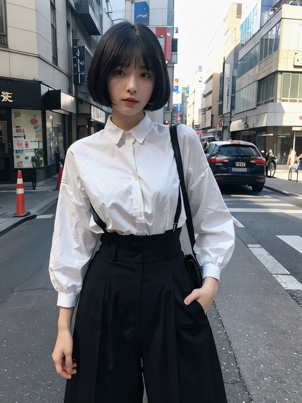 Bewitching eyes, well-balanced eyes, //street snap //wearing "MAISON KITSUNE" clothes, //breast focus, ((facing viewer)), //at the street in tokyo, //japanese lady, pale skin, bob cut, black hair, dark blue hair, blunt bangs,//((standing)), high quality:1.3, Professional lighting:2.0 realistic:1.2, 4k resolution, detailed skin, masterpiece:1.1