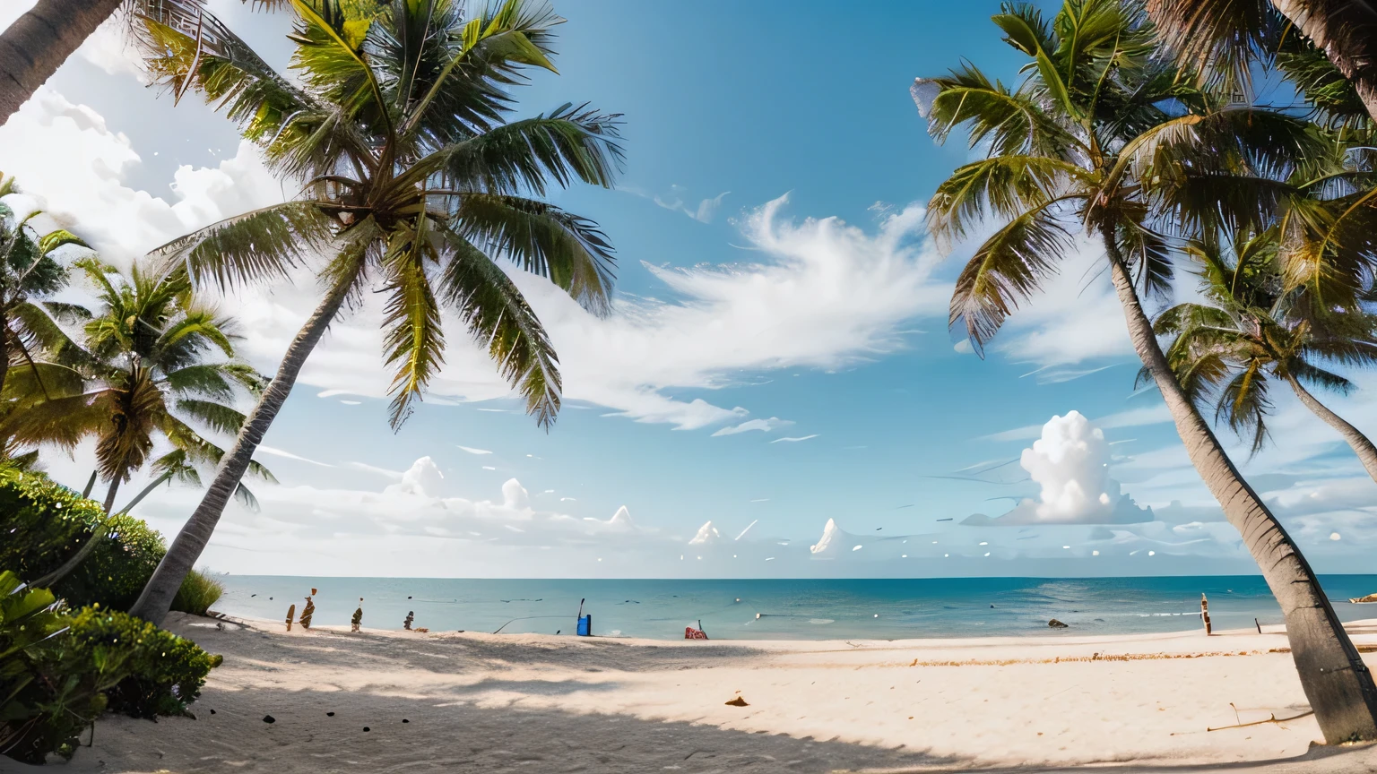 beach landscape, pov from the shore looking out, palm trees on both sides