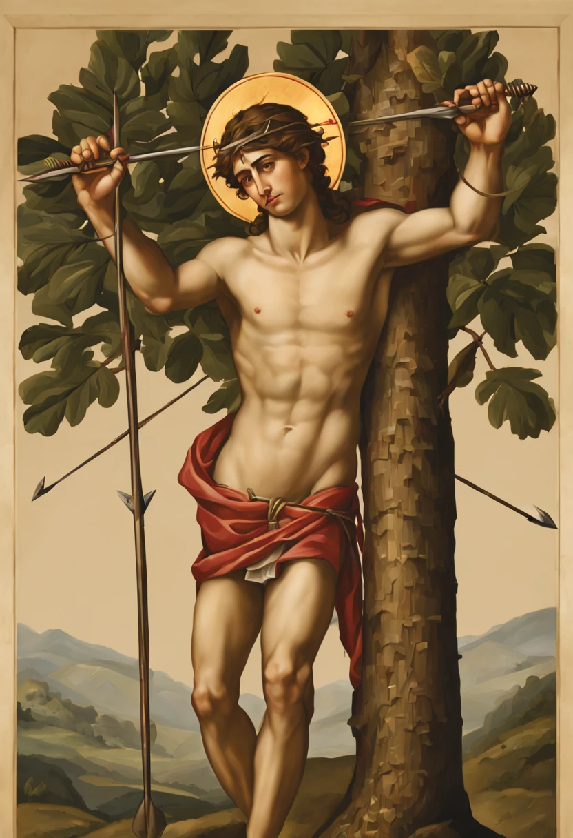 Create a respectful and traditional artistic representation of Saint Sebastian, iconically depicting him as a martyr, with arrows embedded in his body while tied to a tree. Follow the guidelines below to ensure the image conveys the devotion and symbolism