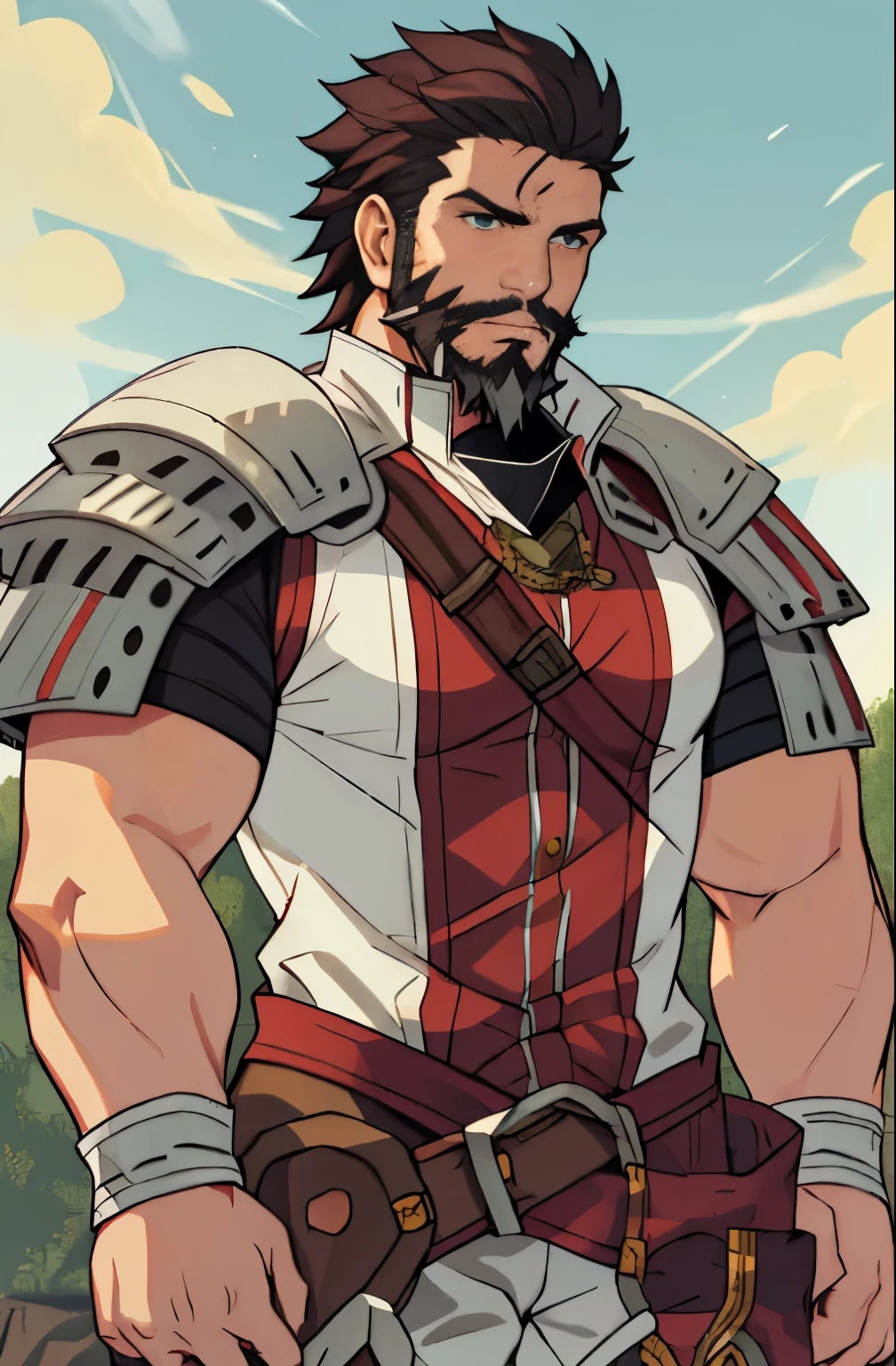 Large medieval kingdom in the background, old mature muscular male, black hair, very short hair, cropped military hairstyle, ((black beard))), ((thick beard)), (((full beard))), ((long beard)), green eyes, bright eyes, 48 years old, muscular male, tall, Piece, athlete, bare biceps, Abs, chest, medieval armor, light armor, red armor, Mystical armor, Golden details on the armor, black details on the armor, elsword style armor, ((arms exposed)), thick beard, Neutral face, cowboy shot, high resolution:1.2, best quality, master part, daylight, Reflection of lens, upper body shot