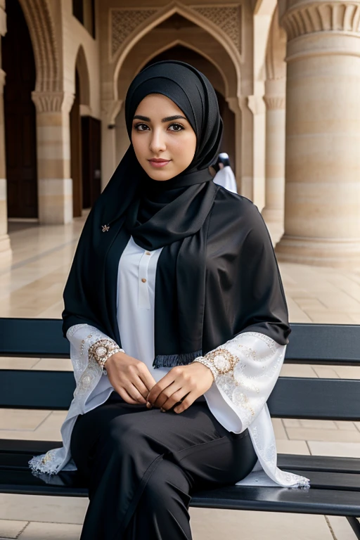 woman wearing a black and white scarf sitting on a bench, beautiful arab woman, hijab, white hijab, young middle eastern woman, portrait shot, captured on canon eos r 6, inspired by Fathi Hassan, pale-skinned persian girl, attractive girl, arab ameera al taweel, beautiful iranian woman, detailed face of an arabic woman