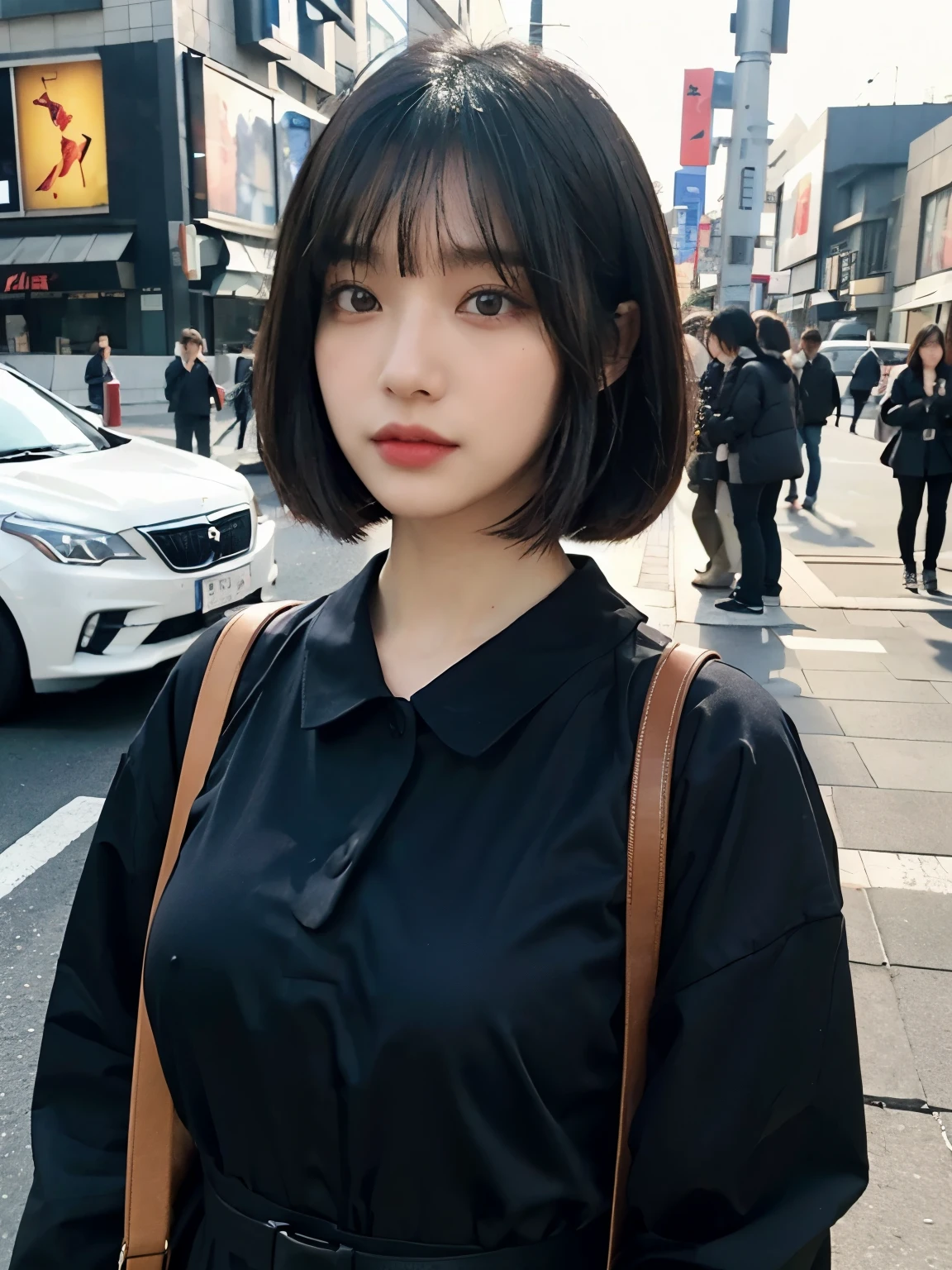 Bewitching eyes, well-balanced eyes, //street snap //wearing red "LOUIS VUITTON" clothes, tops is jakect //breast focus, ((facing viewer)), //at the street in tokyo, //japanese lady, pale skin, bob cut, black hair, dark blue hair, blunt bangs,//((standing)), high quality:1.3, Professional lighting:2.0 realistic:1.2, 4k resolution, detailed skin, masterpiece:1.1
