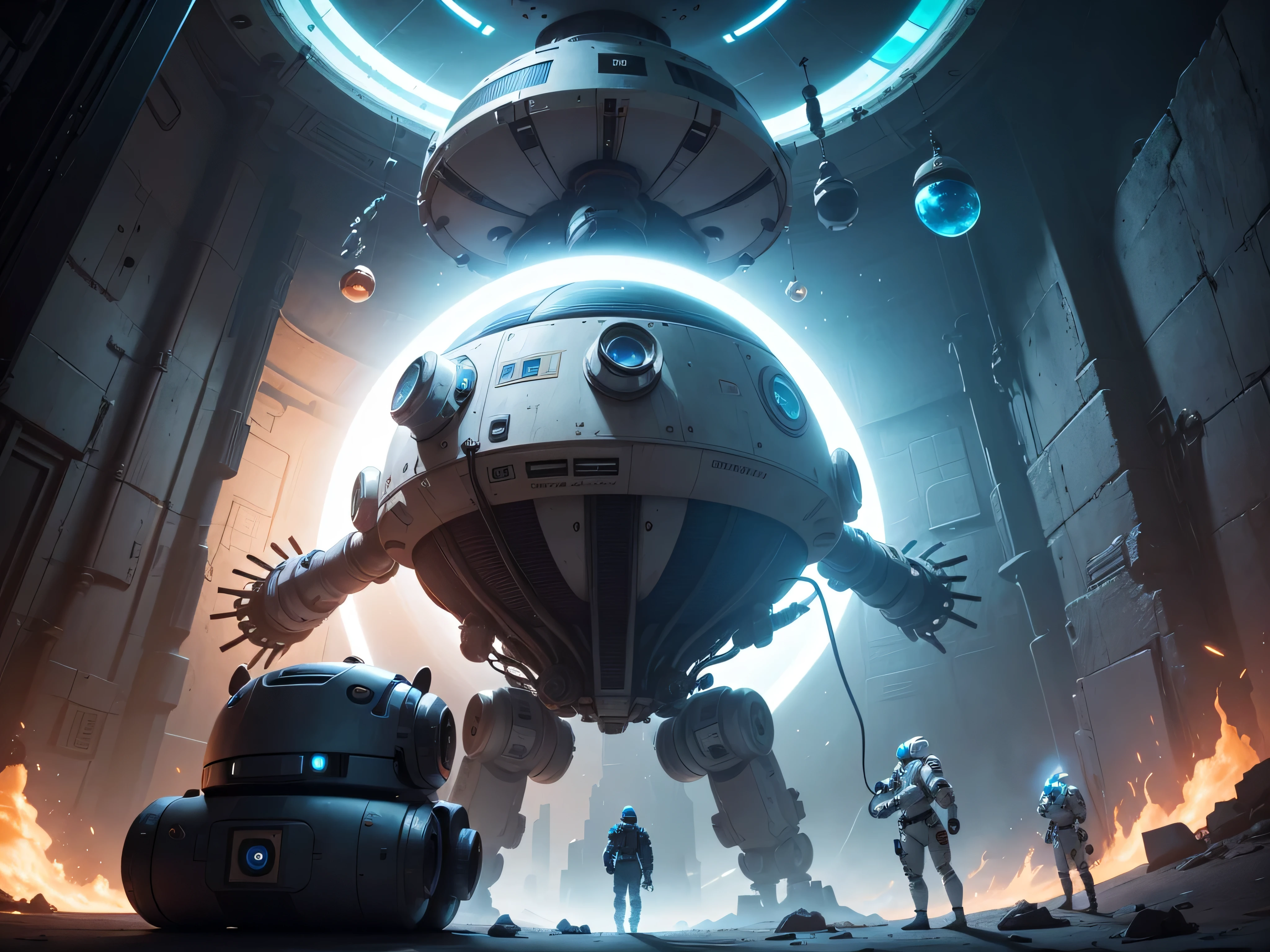 there are two astronauts standing in front of a clock in a cave, mark zuckerberg as a robot, depicted as a scifi scene, portal!! game valve style, scifi robot repair workshop, portal game 9 9 9 9 9 valve, portal game valve, official screenshot, portal in space, compositing, robot monster in background, promotional art, scifi robots, fan art