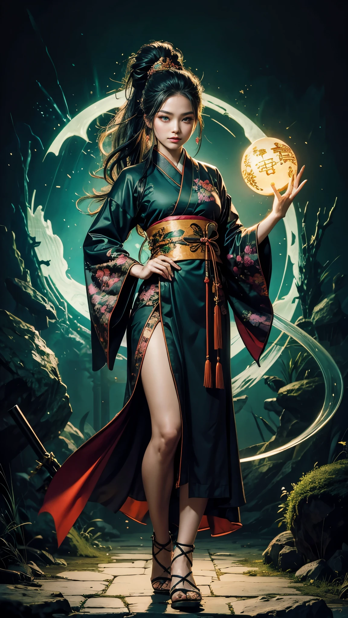 (masterpiece, High quality, absurdity), Detailed eyes and face, Chinese magic costume, ((chinese kimono)), Lace-up sandals, magic, Exorcism of spirits, Chinese monastic attire, the flute, Play the the flute, bright colors, neon lights, A magical forest, day, The sun in the sky, Master of the Devil Cult, Chinese Sword, water drop, very green, 1Woman, black long wavy hair, Messy hair bun, Hair gathered in a ponytail, green eyes, perfect face, perfect body, ((Best quality)), ((masterpiece)),