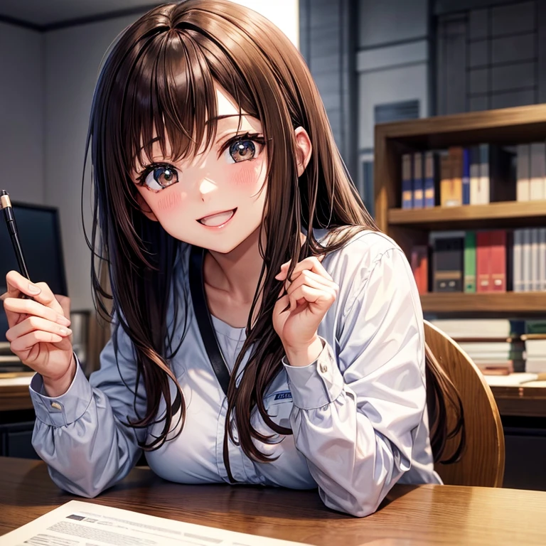 anime、beautiful girl、brown hair、black eyes shine、company、desk work、smile、