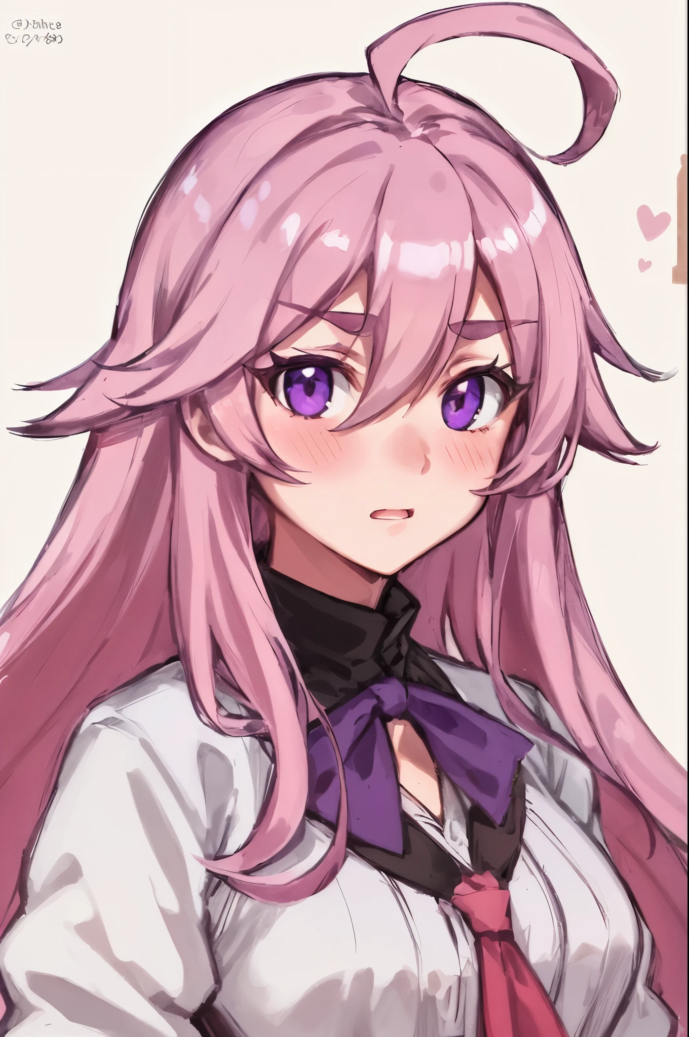 1girl, long_hair, rating:safe, solo, looking_at_viewer, mouth_hold, hair_over_one_eye, breasts, ahoge, heart, very_long_hair, pink_hair, blush, small_breasts, weapon, bandages, purple_eyes, eyebrows_visible_through_hair, ribbon