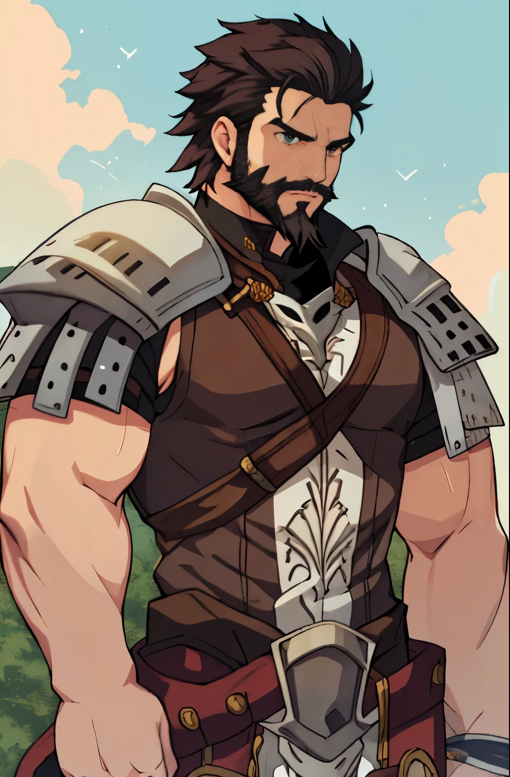 Large medieval kingdom in the background, old mature muscular male, black hair, very short hair, cropped military hairstyle, ((black beard))), ((thick beard)), (((full beard))), ((long beard)), green eyes, bright eyes, 48 years old, muscular male, tall, Piece, athlete, bare biceps, Abs, chest, medieval armor, light armor, brown armor, Mystical armor, Golden details on the armor, black details on the armor, elsword style armor, ((arms exposed)), thick beard, Neutral face, cowboy shot, high resolution:1.2, best quality, master part, daylight, Reflection of lens, upper body shot