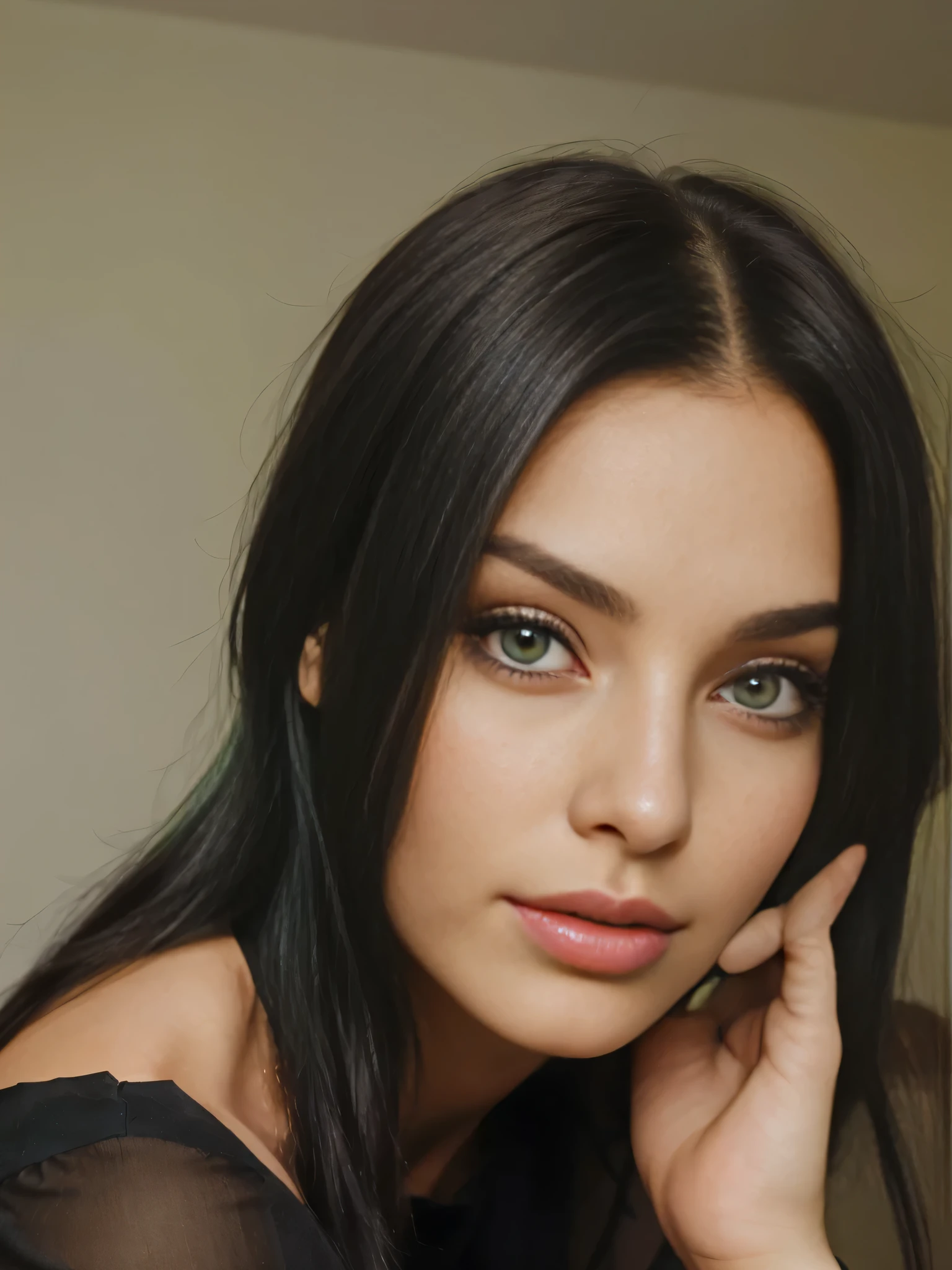 a 24-year-old woman, very beautiful, brunette with green locks and green eyes, a portrait type picture, to be dressed in a black blouse, and to be very beautiful and to look very real, to be an image with a quality very good
