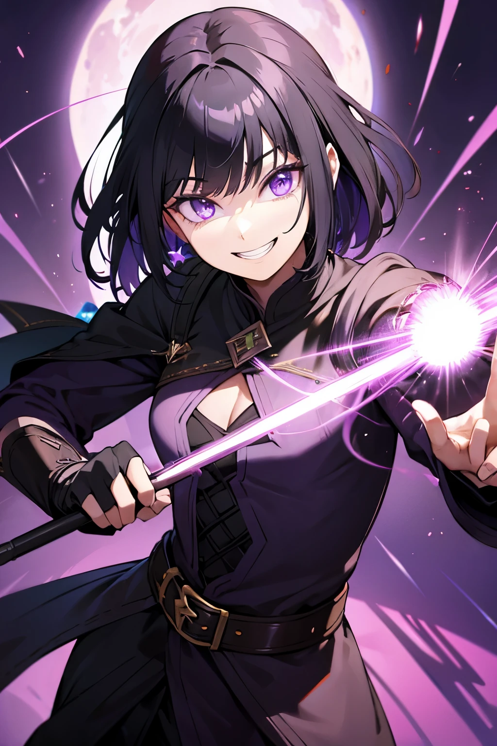 man, fantasy outfit, purple eyes, black hair, grin, shadow magic
