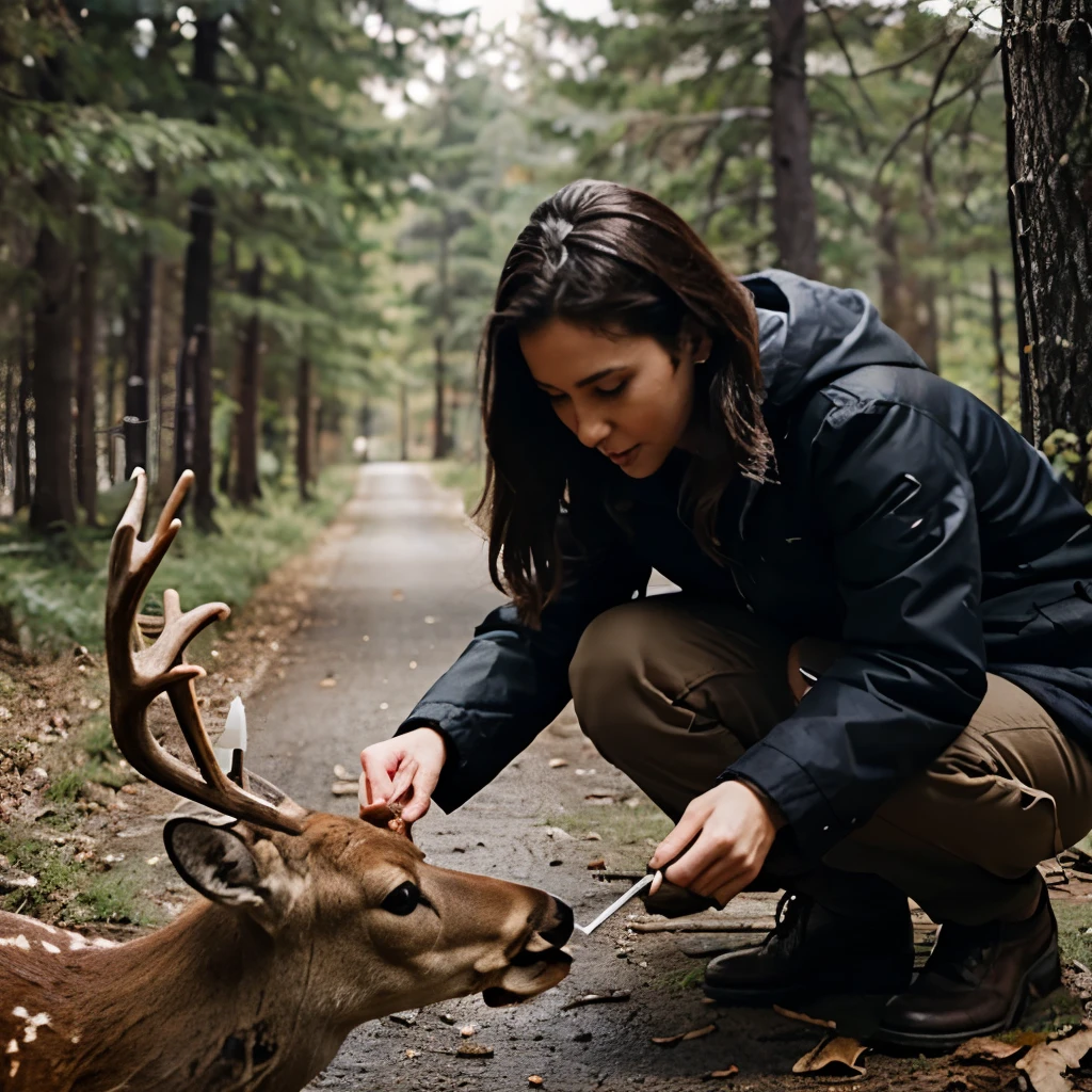 A woman stabbing a deer