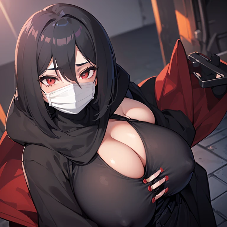 ((1 mysterious curvy woman)),((with long black hair)),((huge breasts)),((with a big black dress with a hood covering her face and wearing a mask covering her face, a cut on her breasts )),((bright red eyes)),standing at night