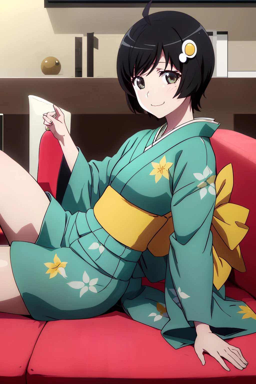 master piece, best quality, ultra high resolution, highest quality, anime style, best writing, beautiful face, (1 girl:1.3), alone, looking at the viewer, 
Araragi Tsukihi, short hair, (green kimono:1.3), hair ornaments, green kimono,  (Yellow band:1.3)Ahoge, egg hair ornaments,
smile, :3, (lying in a sofa:1.3), (from side:1.3)