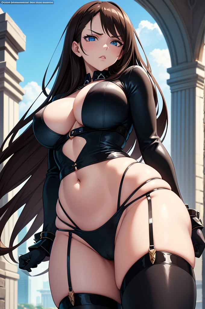 one Rebecca wearing a black bikini, long brown hair, blue eyes, large boobs, sexy hourglass figure, dominatrix, view from below her, disgusted look, extremely detailed artgerm, beautiful alluring anime woman, seductive anime girl, detailed digital anime art, [ 4 k digital art ]!!