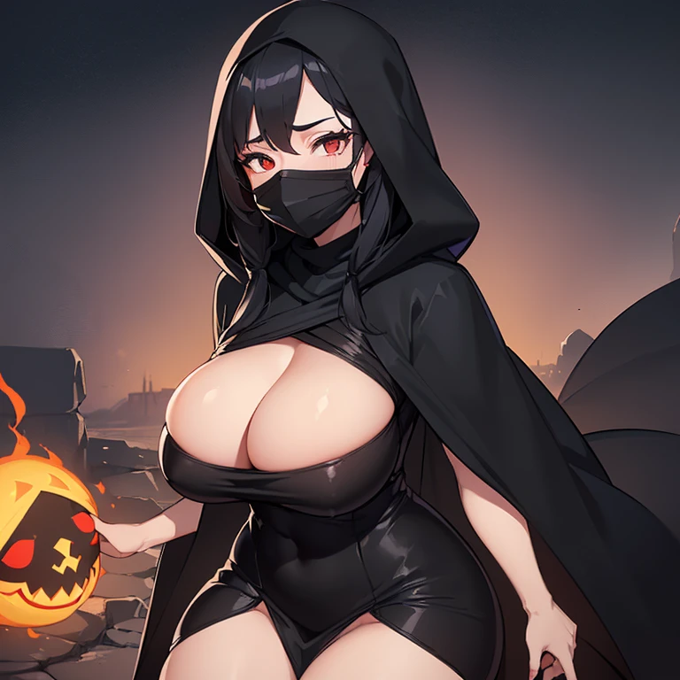 ((1 mysterious curvy woman)),((with long black hair)),((huge breasts)),((with a big black dress with a hood covering her face and wearing an earth mask covering her face, a cut on the breasts)),((bright red eyes)),standing at night