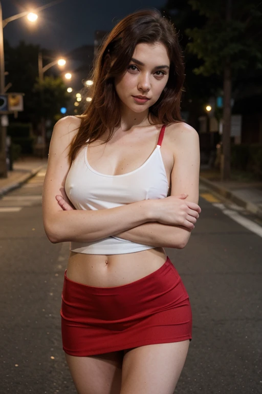 Sexy bright red head girl in a black mini skirt and red spaghetti strap tank top outside hugging a street light