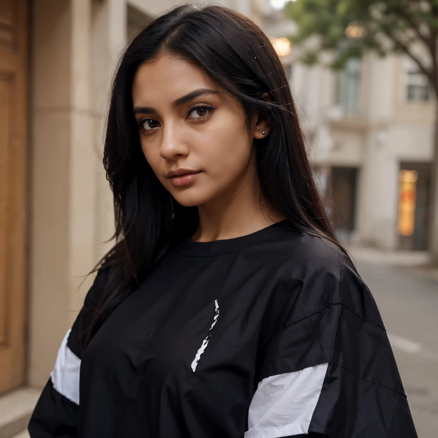 Should be one lady from front side with tears of fear in her eyes hair is super black on front and her skin colour is eye catching and wearing half sleeves shirt and rich fashion girl looking her hair color and skin color to be rich in color and These thing makes her popup from the background