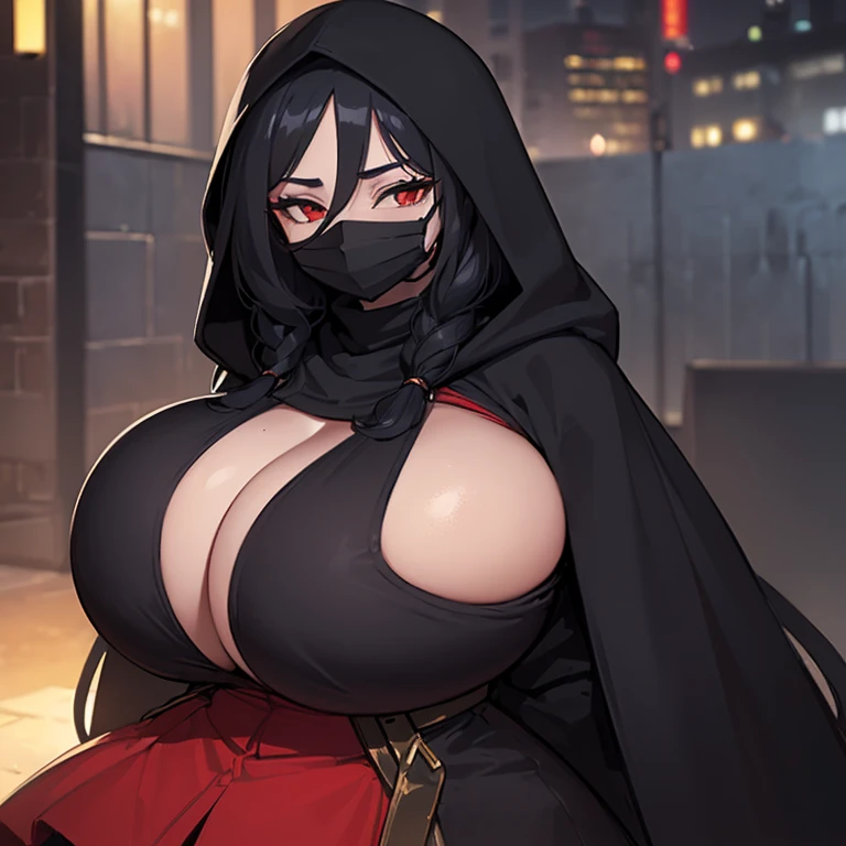 ((1 mysterious curvy woman)),((with long black hair)),((huge breasts)),((with a big black dress with a hood covering her face and wearing a mask covering her face, a cut on her breasts )),((bright red eyes)),standing at night