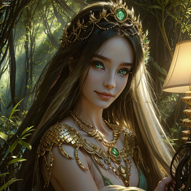 (best quality,4k,8k,highres,masterpiece:1.2),ultra-detailed,(realistic,photorealistic,photo-realistic:1.37),snake goddess,(ethereal,otherworldly:1.03),mystical beauty,wisdom,serpent-like features,mesmerizing eyes,golden scales,goddess of transformation,goddess of nature,detailed facial features,lush greenery,hint of divine aura,sun-kissed skin,flowing hair,delicate fingers,body intertwined with serpents,serpent crown and jewelry,serene expression,artistic interpretation,mythical creature,graceful posture,emerald eyes,subtle smile,luminous complexion,effortless elegance,dream-like setting,nature-inspired elements,surreal atmosphere,dappled sunlight,fantasy realm,unique perspective,soft ambient lighting,radiant colors,significant symbolism,vibrant hues