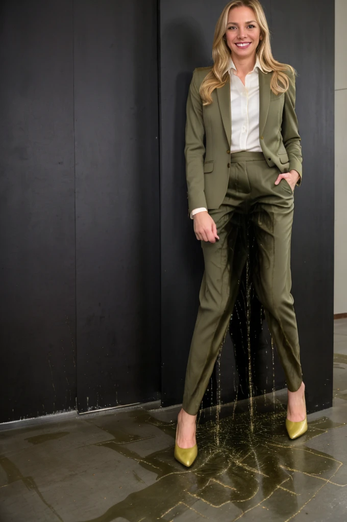 tall blonde, olive green business pants, heels, ((pee stain)), show heels, heels filled with pee, shins of pants are soaekd with pee