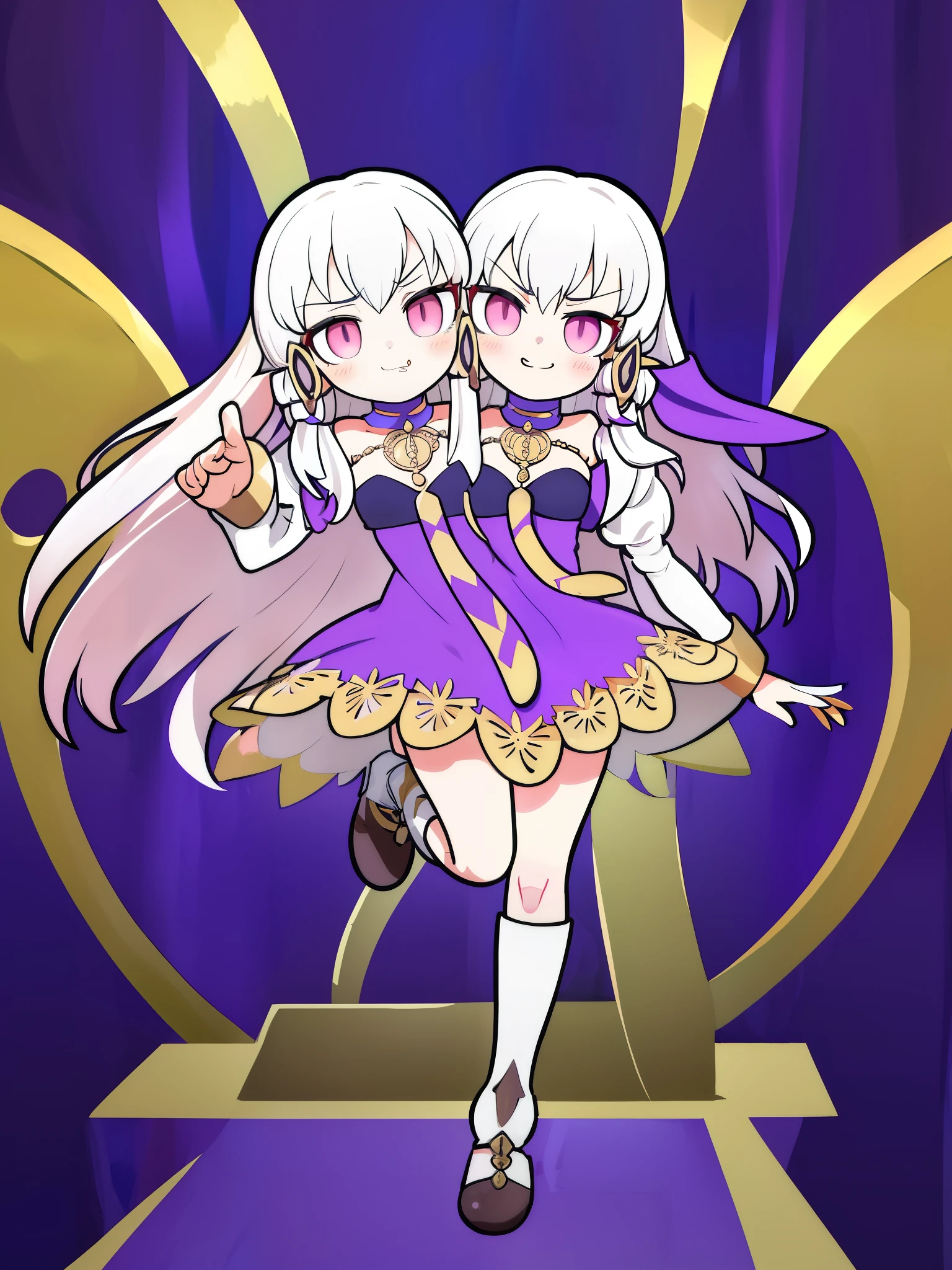 (lysithea), (2heads:1.5), looking at viewer, smug, long white hair, action pose, casting magic, bratty, pov, absurdres, high quality, masterpiece, beautiful background, full body, medieval castle