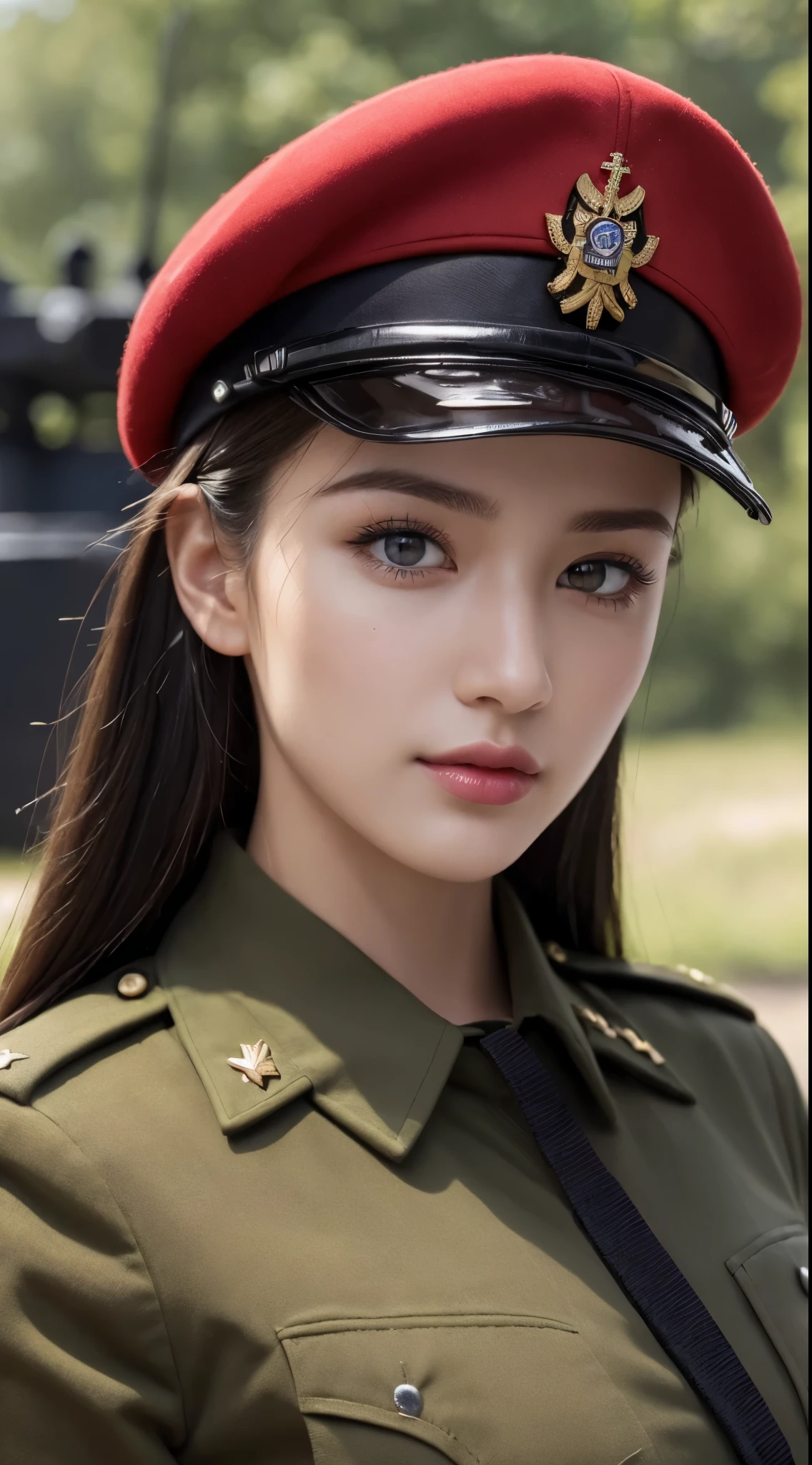 ((Best Quality, 8k, Masterpiece:1.3)), Focus:1.2, Perfect Body Beauty:1.4, ((Delicate Hair)), (Military Uniform:1.1), (Red Beret Army: 1.1), (Firearms: 1.1), (Soldier Uniform: 1.1), Military Coat: 1.1) Highly detailed face and skin texture, Detailed eyes, Double eyelids, whitening skin, Big breasts, smile, in the urban warfare, super detailed face, super detailed eyes, super detailed, hands, super detailed fingers, super detailed body, super fine body, super fine face, super fine eyes, super fine fingers, super fine hands, super fine foots, Holding firearms, rifle, Soldier, Perfect Soldier, weapon, rifle, special force, military, Super detailed firearms, Super Detailed Military Coat, Army, Super fine firearms, Super detailed Beret, Super detailed firearms, Super realistic firearms, super detailed rifle, super realistic, muscular, female soldier, Commissioned Officer, high ranking officer, general rank, with a view of the self-propelled artillery behind her, Super Detailed red beret, realistic view, perfect lighting, military vehicle, army beret, candid