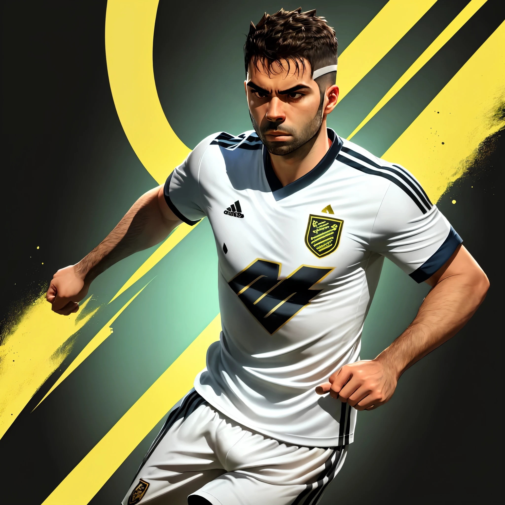 ((PivaArts)) Soccer male player with serious face, White Gradient Gold Fom T-Shirt ,more detail, high detailed