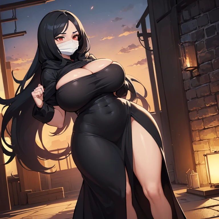 ((1 mysterious curvy woman)),((with long black hair)),((huge breasts)),((with a big black dress with a hood covering her face and wearing a mask covering her face, a cut on her breasts )),((bright red eyes)),standing at night