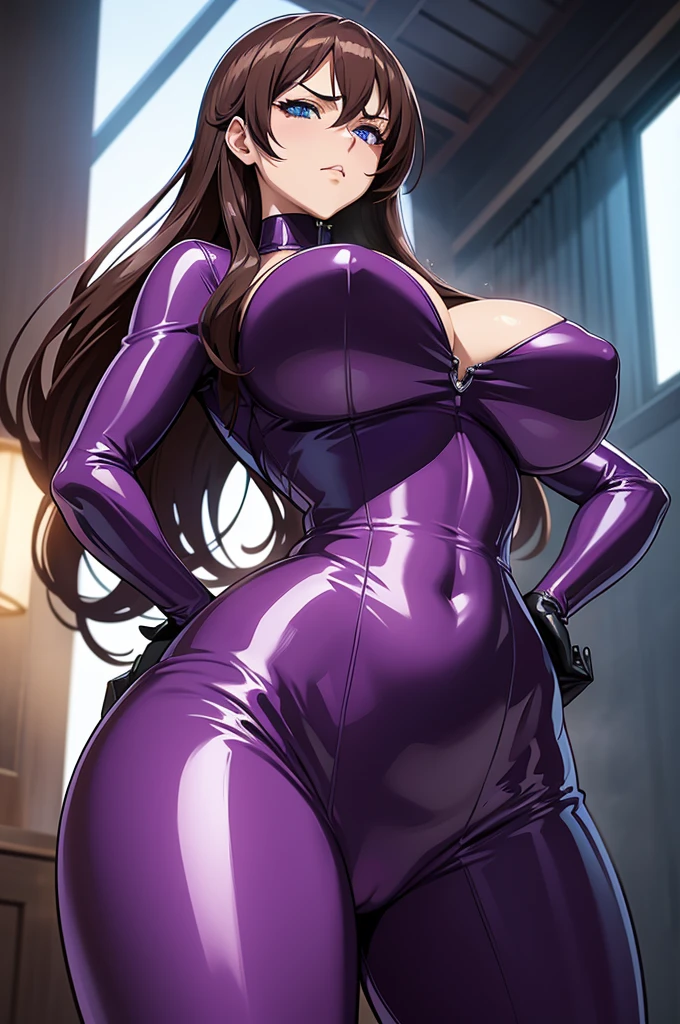 one Rebecca wearing a purple latex suit, long brown hair, blue eyes, large , sexy rglass figure, dominatrrom below her, disgusted look, extremely detailed artgerm, beautiful alluring anime woman, seductive anime girl, detailed digital anime art, [ 4 k digital art ]!!