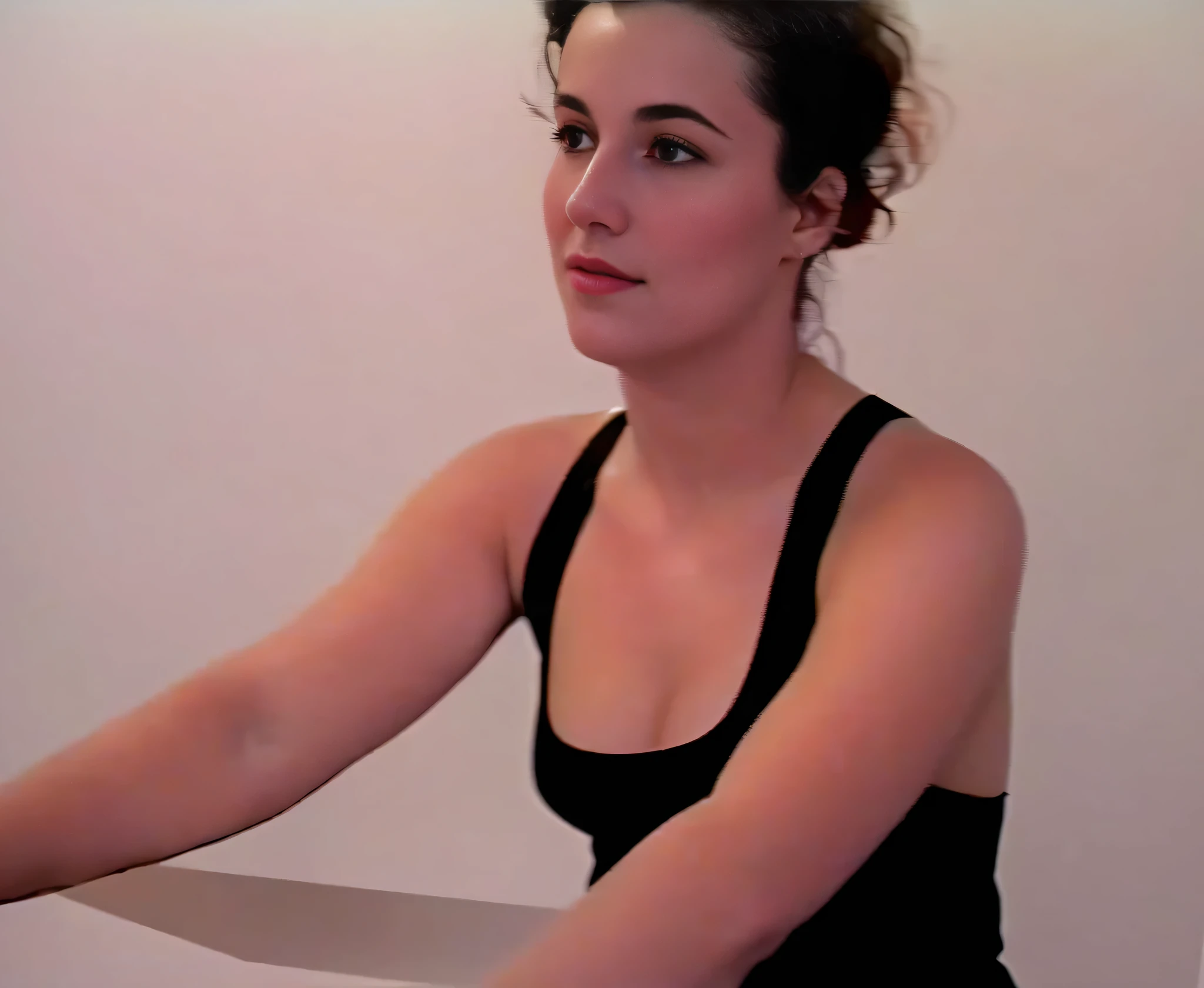 there is a woman on an exercise bike, she is wearing a black blouse, Foto de filme 35mm de 1994, Filmagens em VHS, Filmagens em VHS, bad vhs quality, Captura de tela VHS, mulher de 30 anos, Still de filme 35mm 1989 Uma mulher de pele branca e cabelos escuros. Ela tem trinta anos. Seu vermelho, slightly plump lips are like a delicate flower, e ela grande, olhos encantadores parecem conter um mundo de maravilhas. Ela tem 30 anos. Your body exudes glamor and your face is the definition of beauty. pernas bem torneadas. Altamente realista, pele avermelhada, beautiful lips, sorriso, feeling of lightness and joy, hiperrealismo, pele muito elaborada, olhar direto, obra de arte, Foto de alta qualidade, high resolution, 8k.