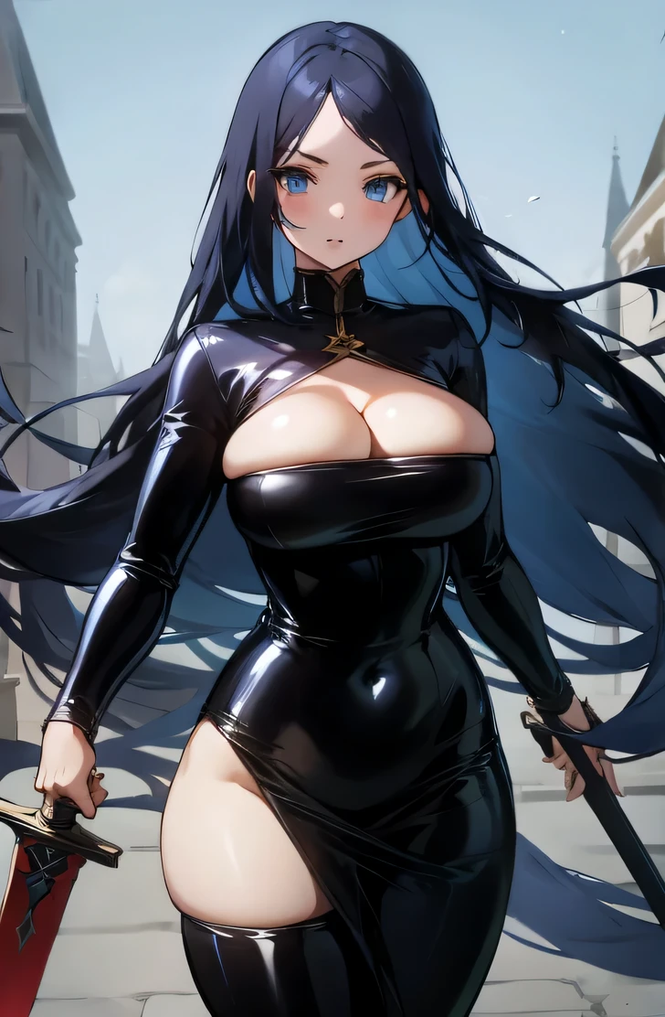 1girl, beautiful face, big eyes, blue eyes, wide hips ,thighs, in a assassin black latex outfit, holding a sword, sword, long black flowing hair, dragon in background