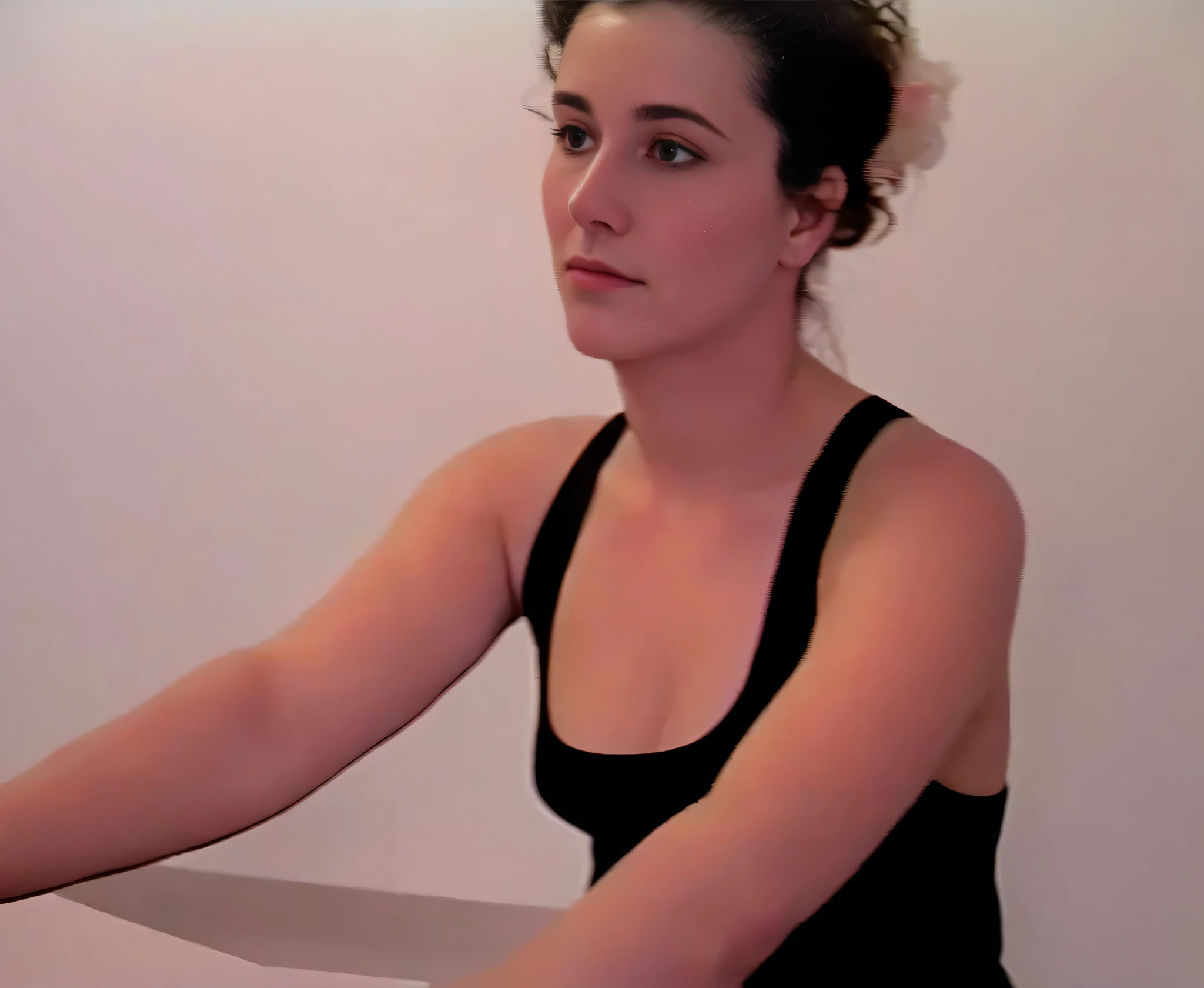 there is a woman on an exercise bike, she is wearing a black blouse, Foto de filme 35mm de 1994, Filmagens em VHS, Filmagens em VHS, bad vhs quality, Captura de tela VHS, mulher de 30 anos, Still de filme 35mm 1989 Uma mulher de pele branca e cabelos escuros. Ela tem trinta anos. Seu vermelho, slightly plump lips are like a delicate flower, e ela grande, olhos encantadores parecem conter um mundo de maravilhas. Ela tem 30 anos. Your body exudes glamor and your face is the definition of beauty. pernas bem torneadas. Altamente realista, pele avermelhada, beautiful lips, sorriso, feeling of lightness and joy, hiperrealismo, pele muito elaborada, olhar direto, obra de arte, Foto de alta qualidade, high resolution, 8k.