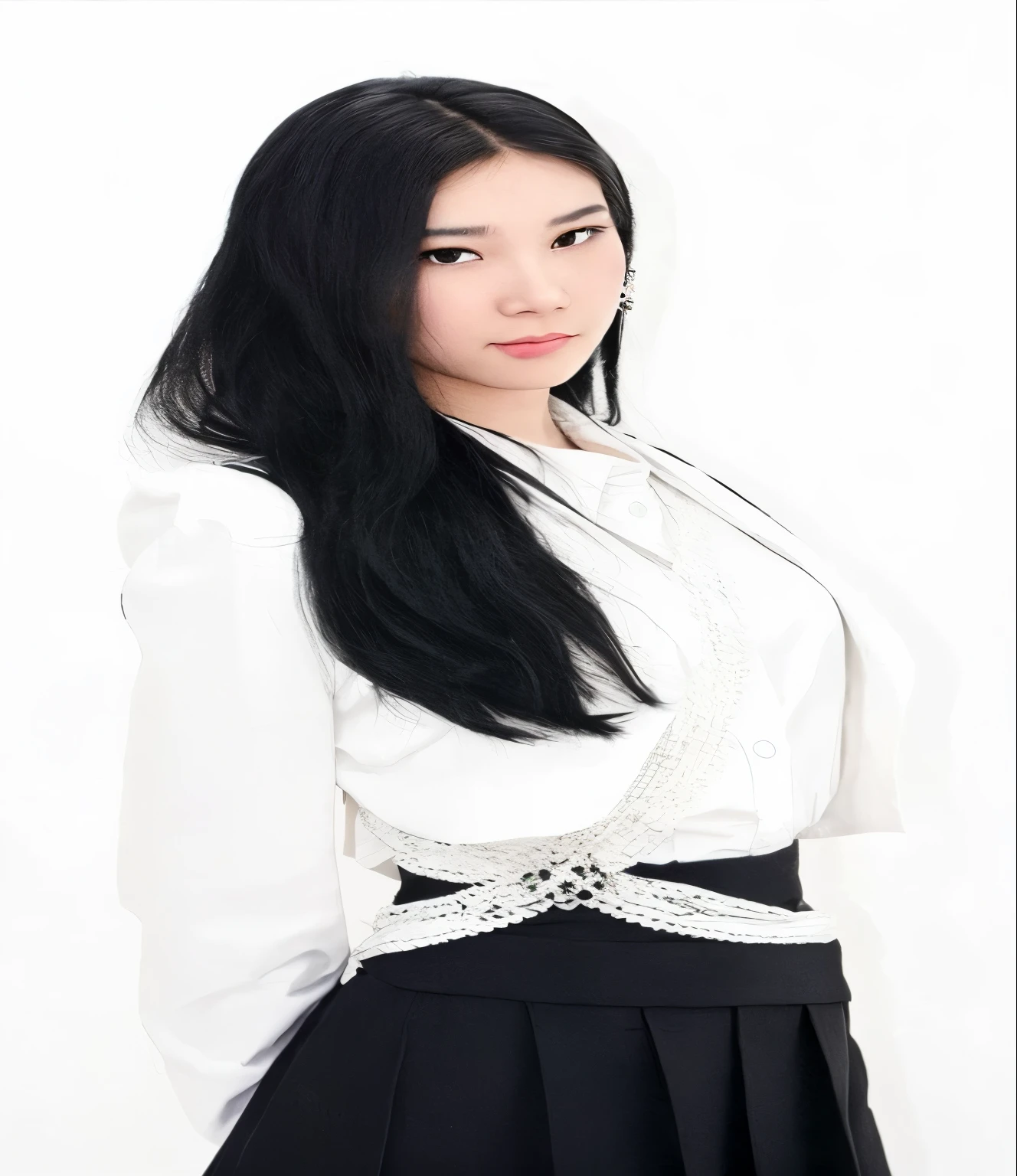 araffe woman with long black hair wearing a white blouse and black skirt, whitebangsblackhair, with black hair, with long black hair, cruel korean goth girl, white background!!!!!!!!!!, 'white background'!!!, white hime cut hairstyle, tifa lockhart with white hair, she has black hair, female with long black hair, white long hair!!