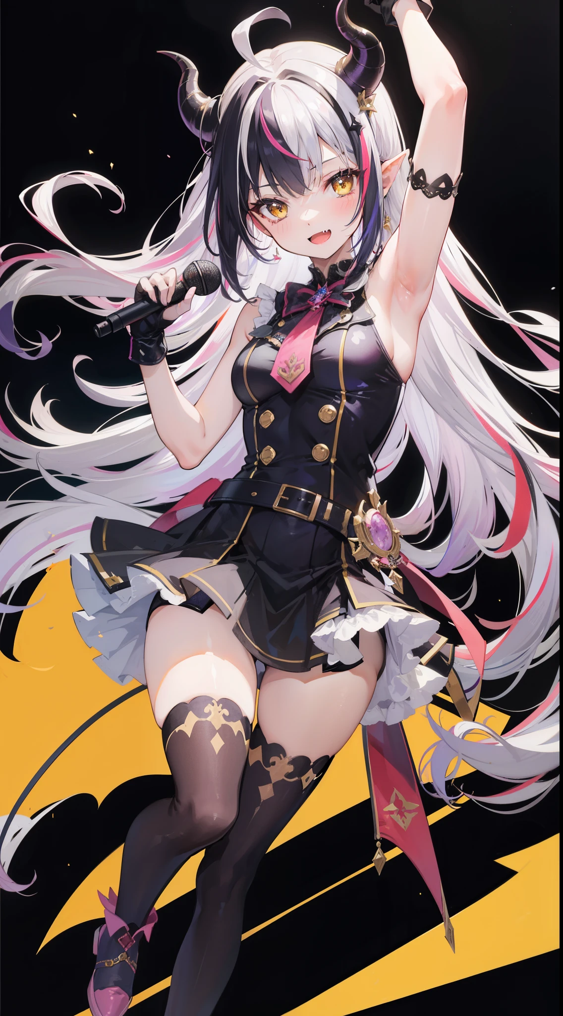 1girl, solo, long hair, looking at viewer, blush, smile, open mouth, bangs, thighhighs, gloves, dress, holding, standing, yellow eyes, purple hair, ahoge, grey hair, multicolored hair, horns, alternate costume, fang, white gloves, armpits, arm up, official alternate costume, streaked hair, standing on one leg, demon girl, demon horns, bike shorts, single thighhigh, microphone, skin fang, holding microphone, idol, idol clothes, hololive idol uniform,