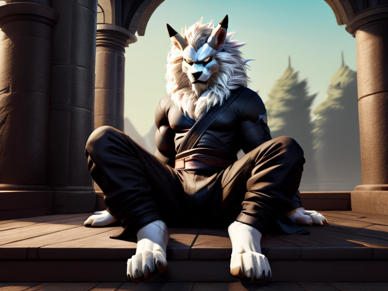 With its detailed fur and nice big paws, this hypnotized digimon Leomon is a sight to behold. Its black kimono and long pants add a touch of elegance to its wild appearance as it sits in the heart of nature. Its spread legs and visible pawpads on feet give off a sense of power and control, making it a truly captivating image.