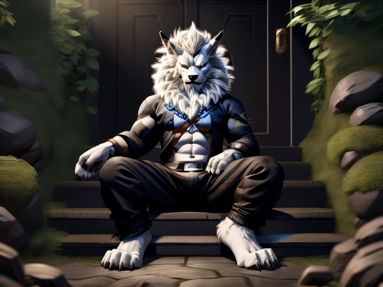 With its detailed fur and nice big paws, this hypnotized digimon Leomon is a sight to behold. Its black kimono and long pants add a touch of elegance to its wild appearance as it sits in the heart of nature. Its spread legs and visible pawpads on feet give off a sense of power and control, making it a truly captivating image.