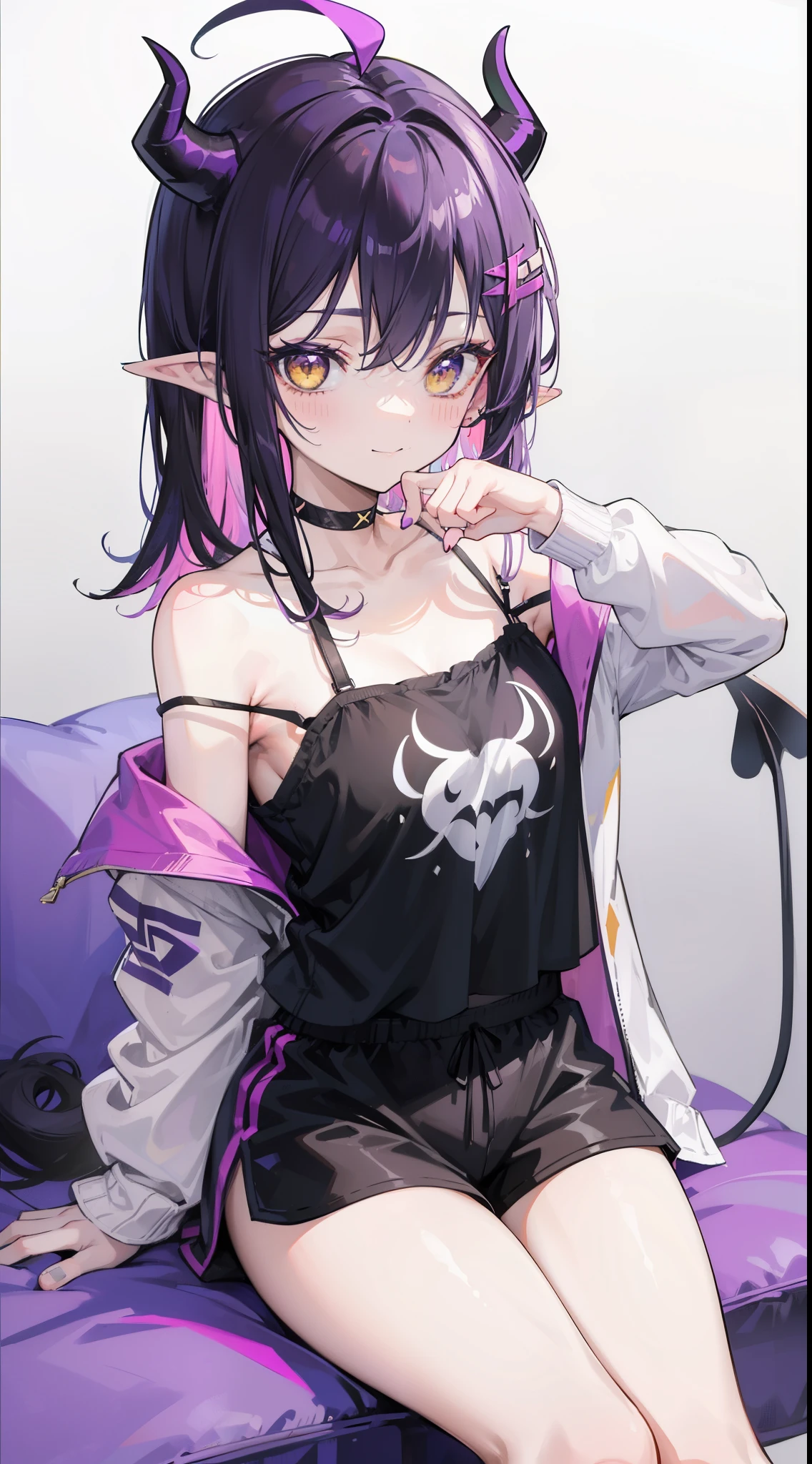 {hololive, tokoyami towa,purple hair, twintails, green eyes, long hair,demon tail}{whitejacket, black shorts, black cap,navel}, bottomless, masturbation