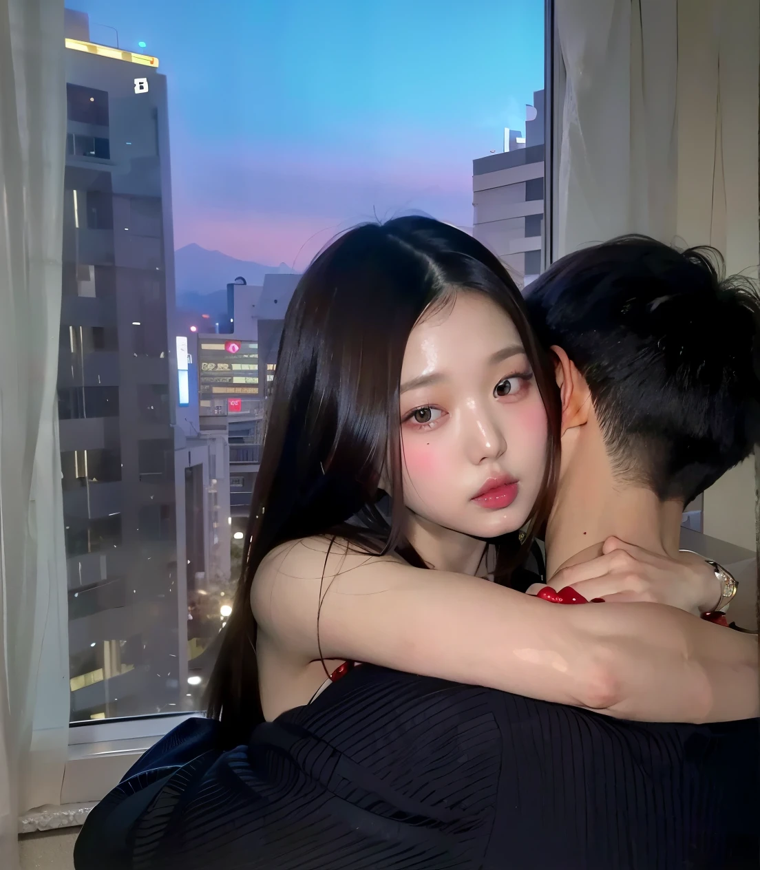 there is a man and woman hugging in front of a window, korean girl, ulzzang, beautiful south korean woman, couple pose, sha xi, asian features, 8k selfie photograph, her face looks like an orchid, gorgeous young korean woman, gorgeous chinese model, lovely couple, yanjun chengt, chinese girl, beautiful asian girl, wenfei ye