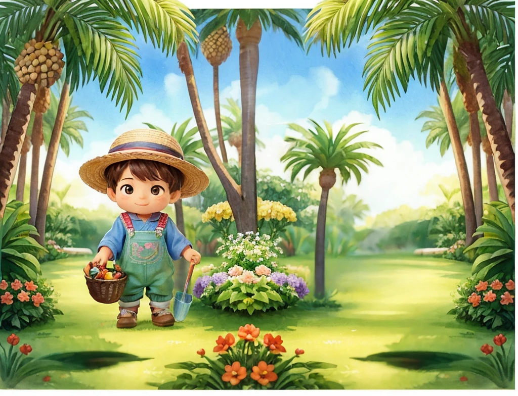 pintura em estilo aquarela, onde podemos ver um jardim encantador, with a little gardener boy taking care of various plants. He is portrayed as a baby, Feito em estilo cartoon, with appropriate gardening clothes and a straw hat, O garotinho sorri enquanto cuida das plantas com carinho, Ao fundo, there are several majestic date palm trees, cheia de frutos maduros e suculentos, O menininho segura uma cesta cheia desses frutos, que ele colheu com orgulho, o menino esta num caminho, The image is made in watercolor, com cores vibrantes e suaves, conveying a sense of tranquility and harmony, The plants have bright colors coming from the flowers around the garden, the different varieties of plants that the boy is taking care of and even some friendly animals that are nearby, like butterflies or birds. The boy is cheerful while holding the basket full of fruits, The ripe fruits of the date palm and how they add a touch of color and abundance to the garden, Use the watercolor technique used to create the image, highlighting the soft brushstrokes and translucent colors that bring the scene to life.