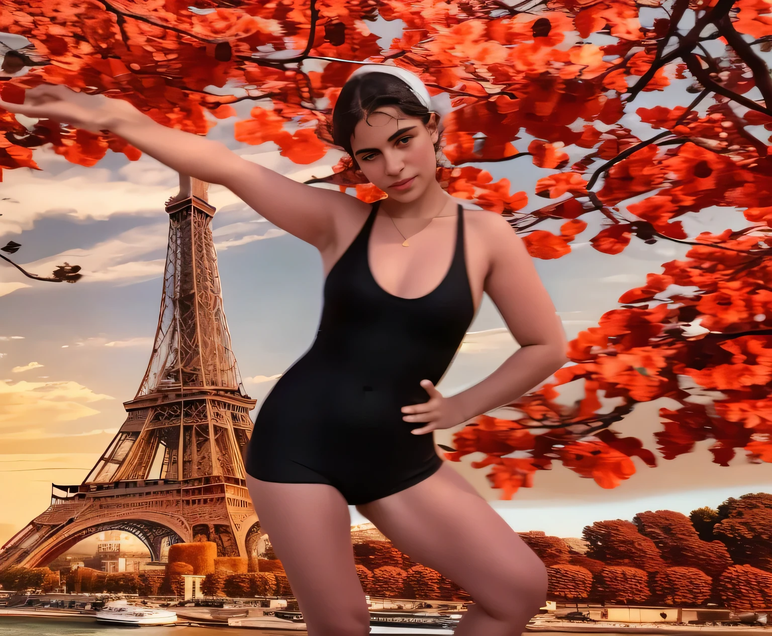 Mulher Arafa de maiô preto em frente à Torre Eiffel, Estilo Calude Monet,  francesa, inspirado em Aristide Maillol, em Paris, com vista Eiffel, Bouguereau Estilo Pose, inspirado em Delphin Enjolras, irina arte francesa, irina francesa, inspirado em Paul Delvaux, suave em _ o fundo