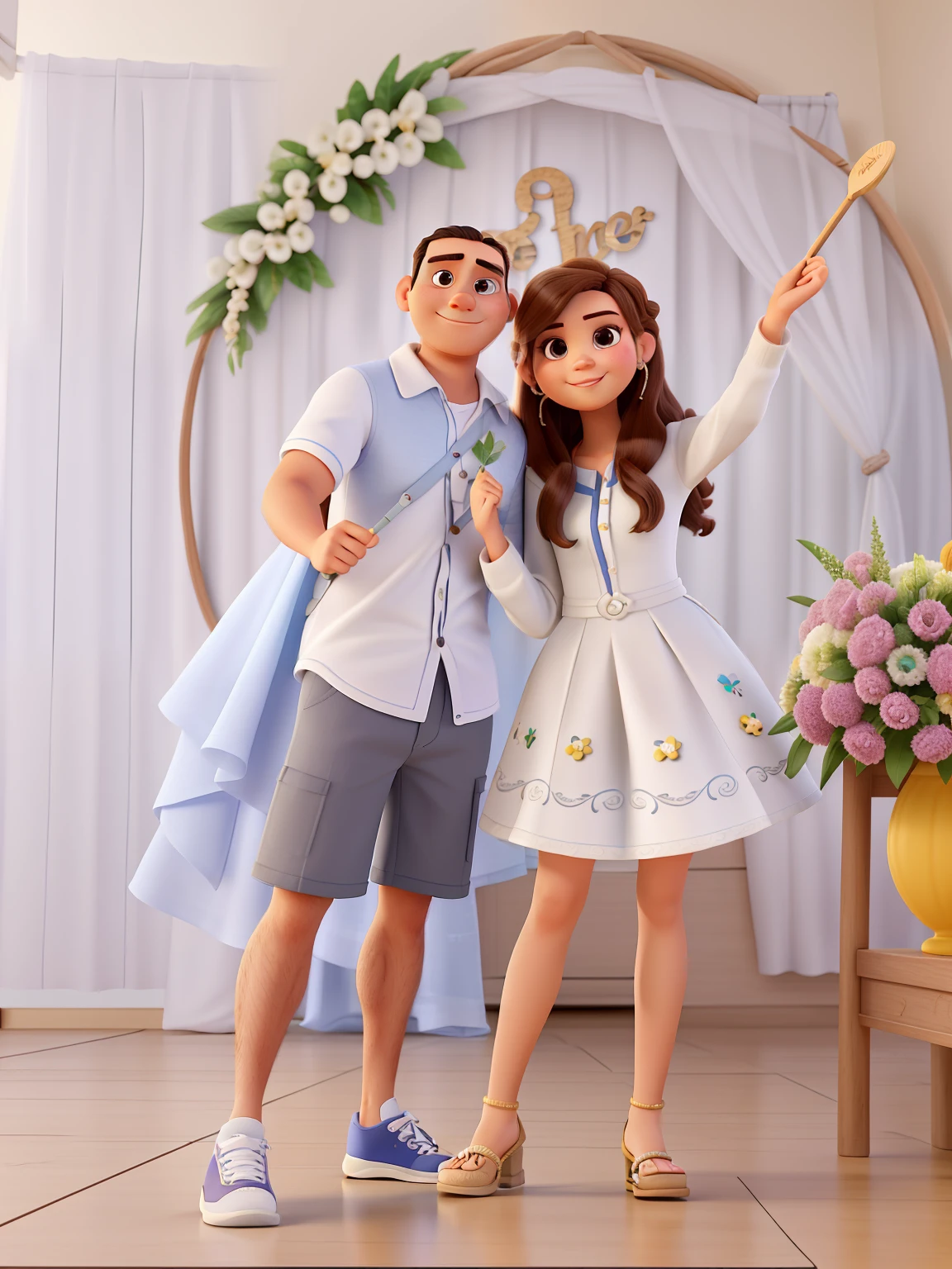 homem de camisa social branca, bermuda, tenes branco, showing ring on finger, careca, sem cabelo, mulher de cabelos compridos, sorrindo, arm rising, showing ring on finger, vestido branco, casamento, alta qualidade, estilo pixar, pixar
