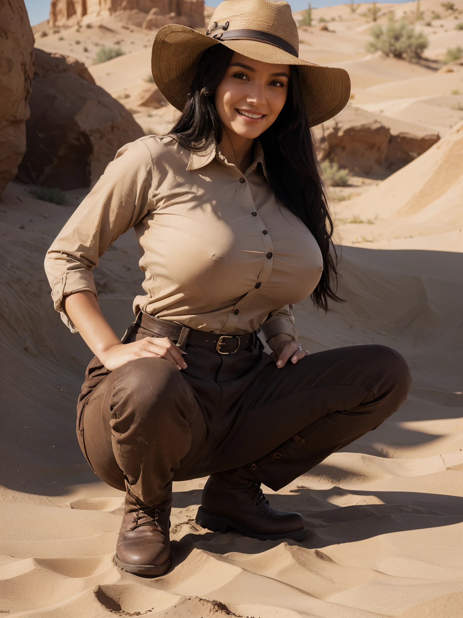 Woman close picture in the desert. Long black hair. Wearing boots and brown trousers and shirt and hat. Busty and big ass. Perfect body anatomy. Photorealistic. Realistic colors. Realistic lights. Masterpiece. Realistic anatomy. Highly detailed. Realistic details. High quality. smiling in the camera.