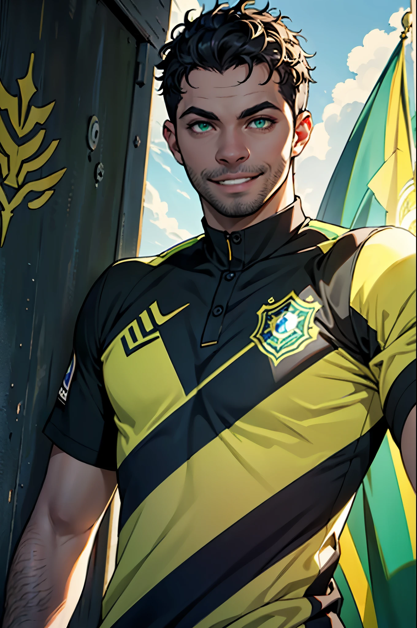 ((PivaArts)) Young man, black and dark blue hair, soccer player uniform, smile, Tall, Beautiful green eyes, short hair, curly hair, arm tattoo, evil eyes, evil smile, beautiful eyes, Brazil, more detail.